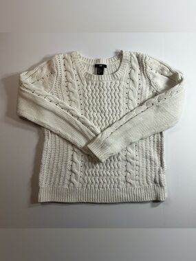 H&M Women's S Crew Neck Cable Knit Sweater Ivory Preppy Coastal Classic Basic